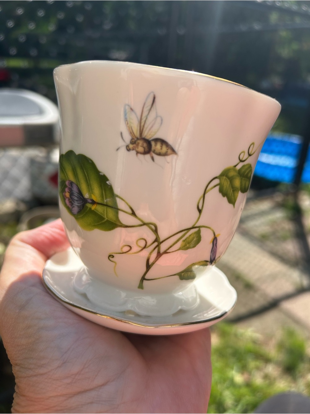 Adorable White Porcelain Bee & Vine Accent Vase , Gold Trim and Flowers and Lady